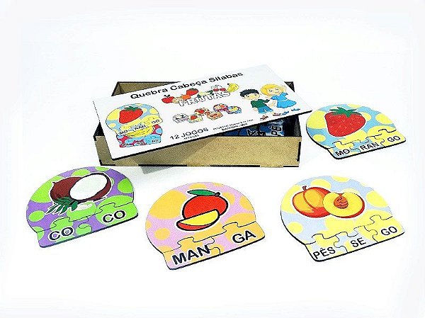 12 Kits Quebra Cabeça Educativo Sílabas Frutas Madeira - Mega Impress