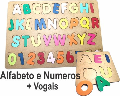 Brinquedo Madeira Letras e Números + Vogais Alfabeto MDF Grande - Mega Impress