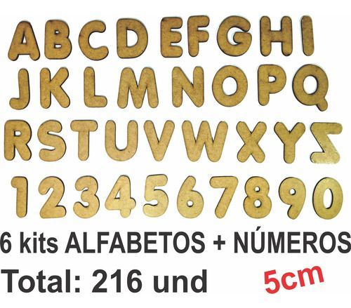 6 Alfabetos e Números Mdf Madeira 5cm 216 Letras e Número - Mega Impress
