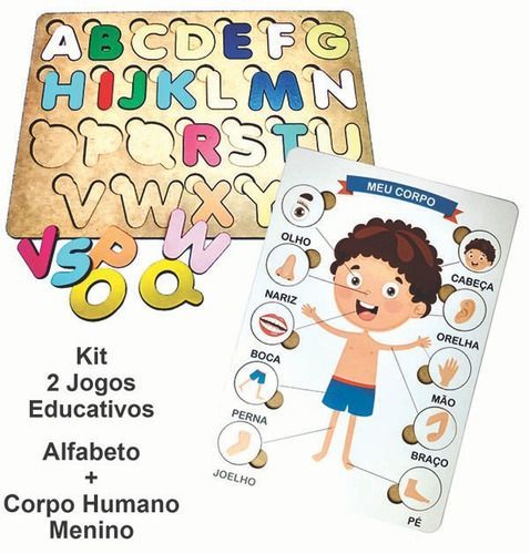 KIT BRINQUEDO EDUCATIVO MDF CORPO HUMANO MENINO + ALFABETO - MEGA IMPRESS