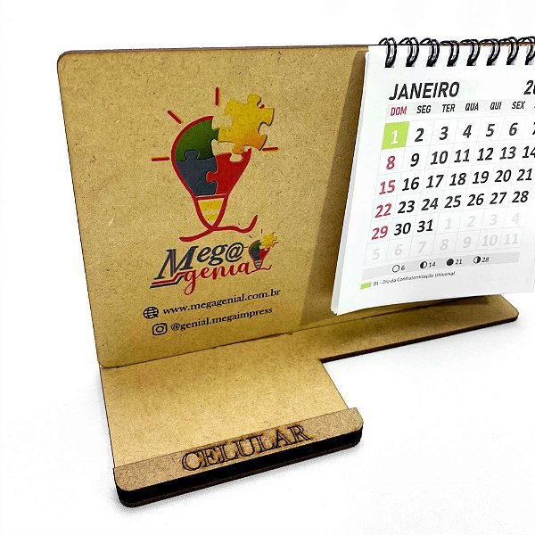 Calendário de Mesa Porta Celular Personalizado em Madeira Mdf