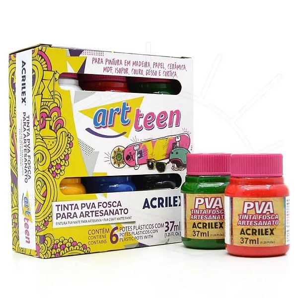 Kit c/6 Tintas PVA Fosca p/ Artesanato 37ml Acrilex Art Teen