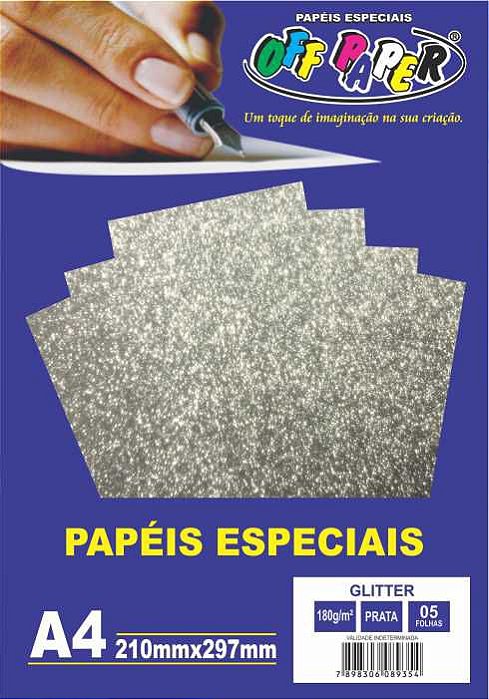 Papel A4 Glitter Prata 180G C/5 Folhas Off Paper
