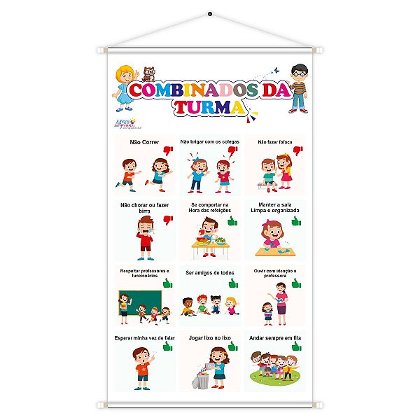 Banner Combinados da Turma Educativo Pedagógico Escolar Didático 60cm x100cm Impressão Digital Lona - 280g