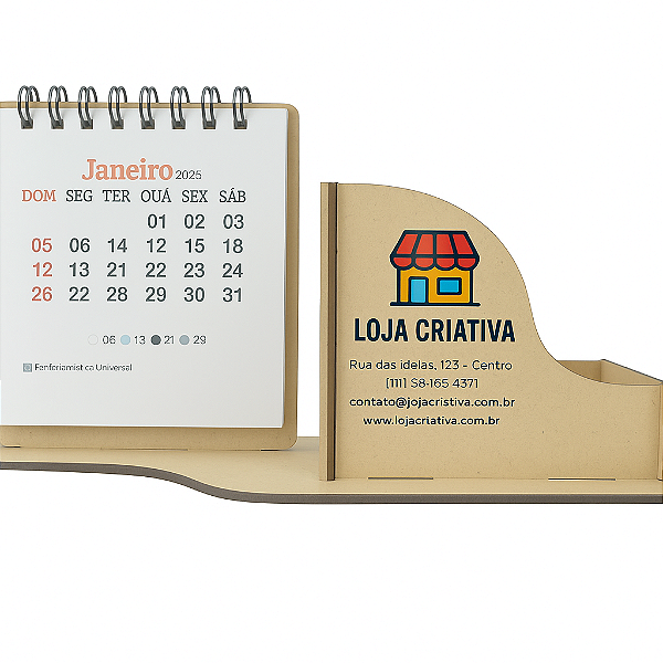 Calendário de Mesa Porta Caneta e Clip Personalizado em Madeira Mdf