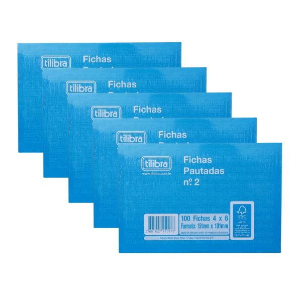 Kit C/5 Fichas Pautadas 4x6 N°2 C/100 Tilibra 150274