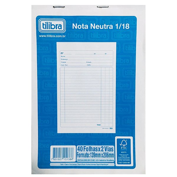 Nota Neutra 1/18 2vias 40f Tilibra 139x206m 151386
