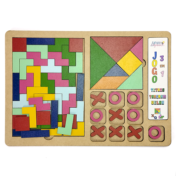 Brinquedo Educativo Tabuleiro 3 em 1 Tetris, Tangram e jogo da velha
