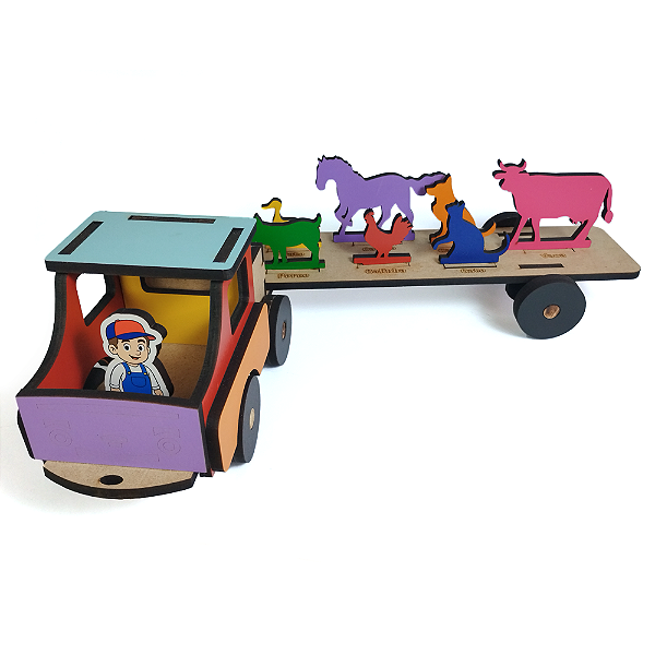 Brinquedo Caminhão Transportando Animais Mdf Madeira