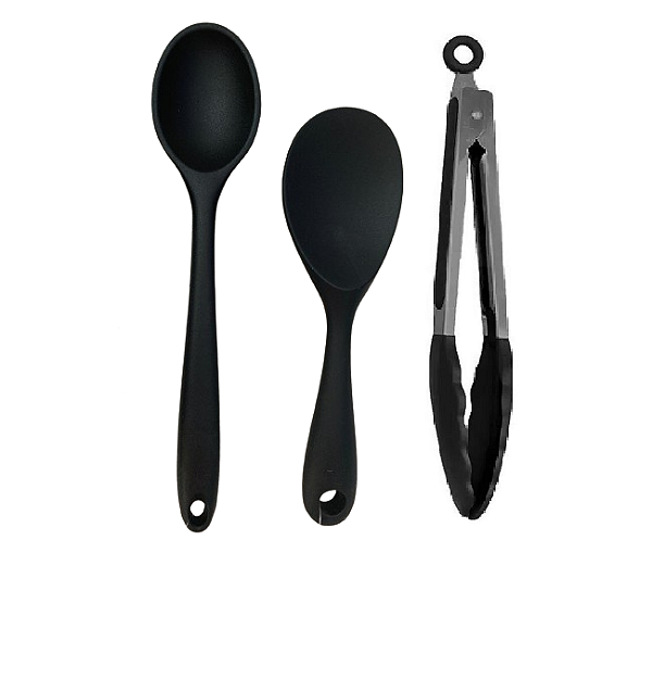 Kit 3 Peças - Colher de Arroz e Pinça Pegador em Silicone Preto - UNYHOME