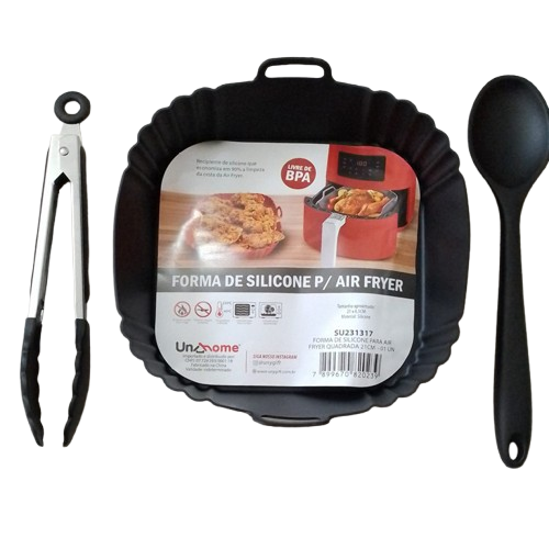 Kit 3 Peças Forro para Air Fryer Quadrada 21cm Silicone Preto - UnyHome