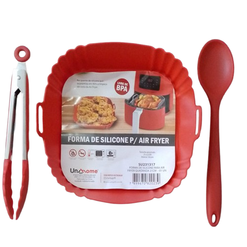 Kit 3 Peças Forro para Air Fryer Quadrada 21cm ,Pinça de 25cm e Colher de 27cm em Silicone Vermelho - UnyHome