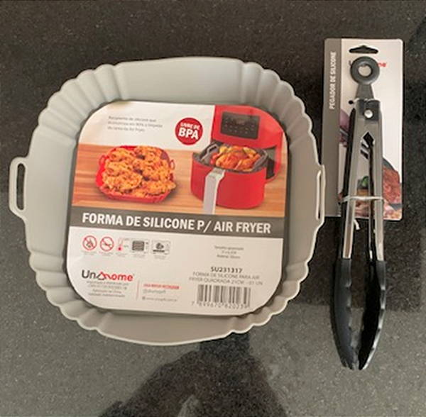 Kit Forro para Air Fryer Quadrada 21cm e Pinça Multiuso de 25cm em Silicone Cinza - UnyHome