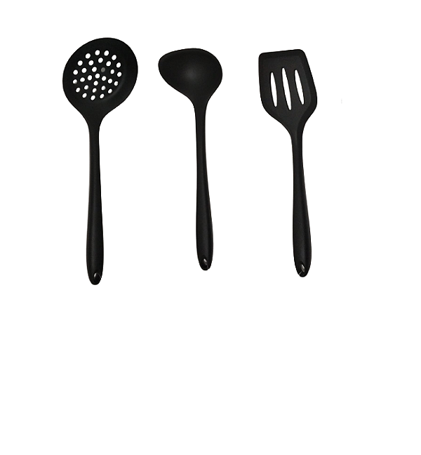 Conjunto de 3 Peças - Concha,Escumadeira e Espátula Vazada em Silicone Preto Livre de BPA UNYHOME.