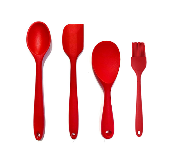 Jogo de 4 Peças - Colher de Arroz 22,5cm e 27cm, Espátula 27cm e Pinçel 21cm em Silicone Vermelho - UNYHOME