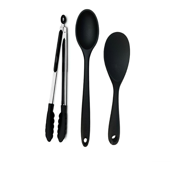 Jogo de 3 Peças - Colher de Arroz 22,5 cm e 27 cm e Pinça Pegador Multiuso 29 cm em Silicone Preto - UNYHOME
