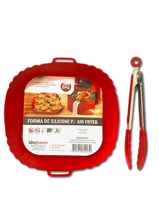 Kit Forro para Air Fryer Quadrada 21cm e Pinça Multiuso de 25cm em Silicone Vermelho - UnyHome