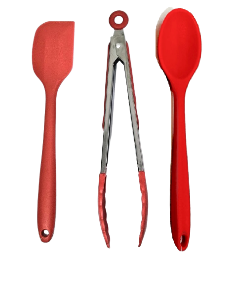Jogo de 3 Peças - Colher de Arroz 27 cm e Pinça Pegador Multiuso 25 cm  Espatula de 27cm em Silicone Vermelho - UNYHOME