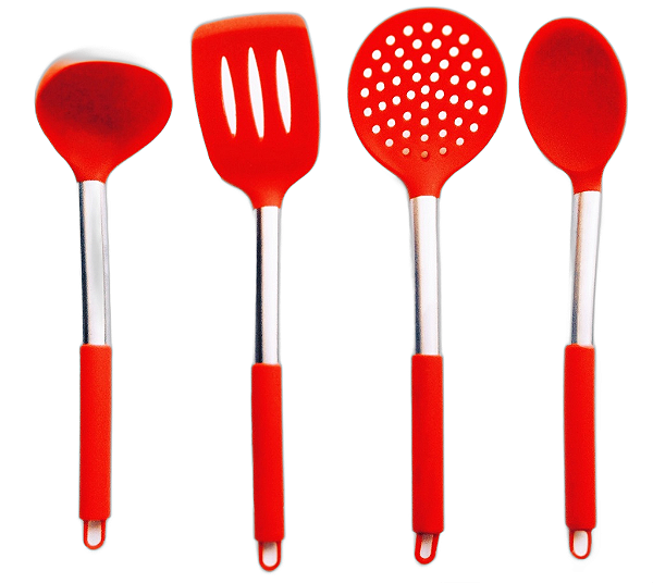 Kit 4 Utensílios de Cozinha Silicone com Cabo Inox - Luxo Vermelho UnyHome.