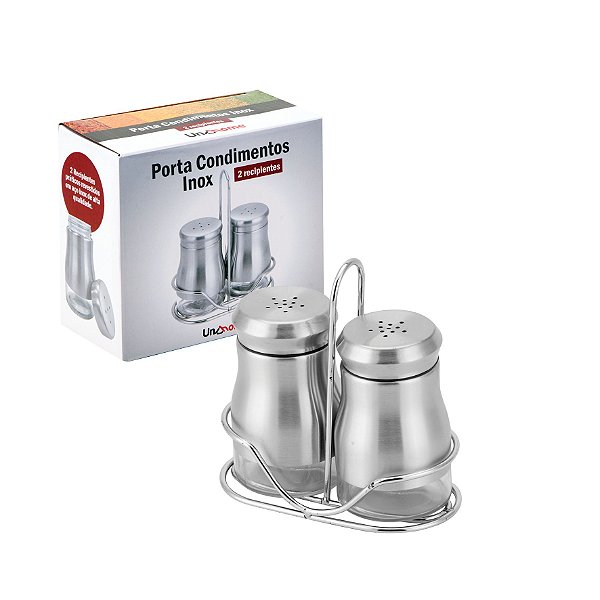Porta Condimentos Inox Luxo de Metal c/ 2 unidades e suporte 15cm UnyHome.
