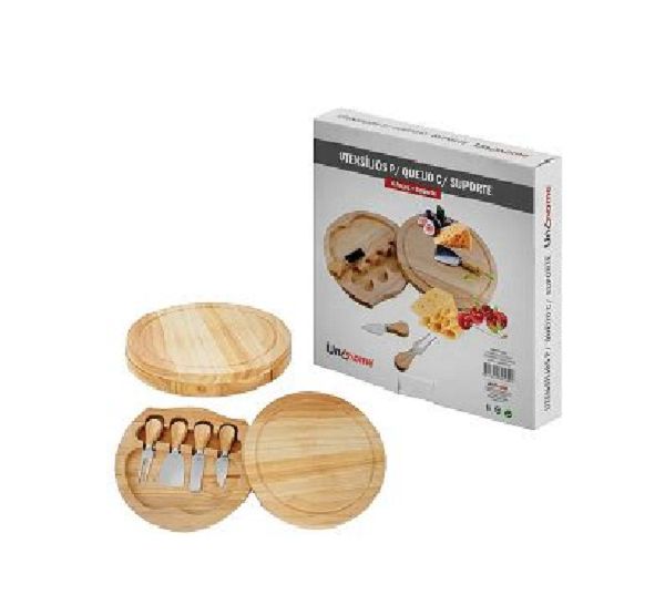 Jogo de 5 Utensílios para Queijo + Suporte em Tabua de Bambu.