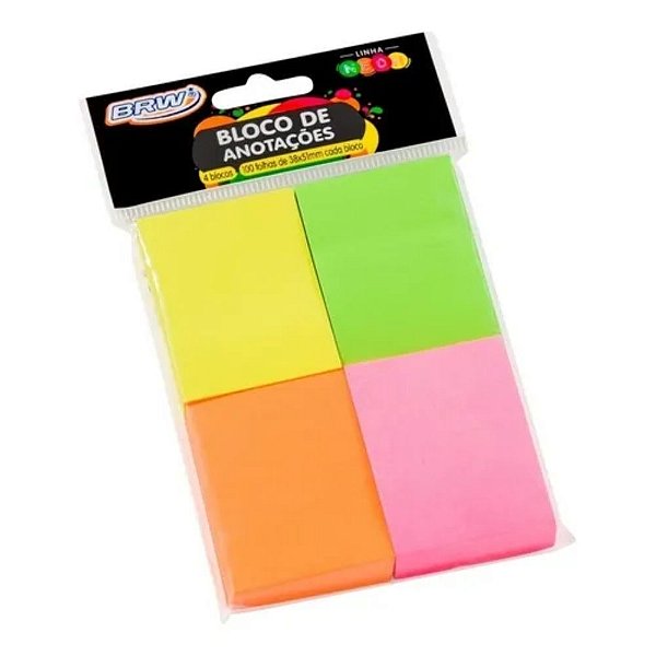 Bloco De Anotações Adesivo Neon Colorido 4 Blocos com 100 Folhas cada - Brw