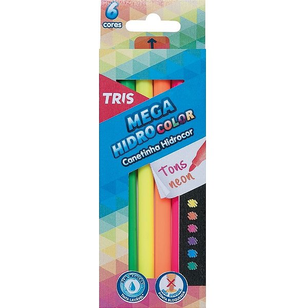 Canetinha Mega Hidro Color 6 Cores Tons Neon -  Tris