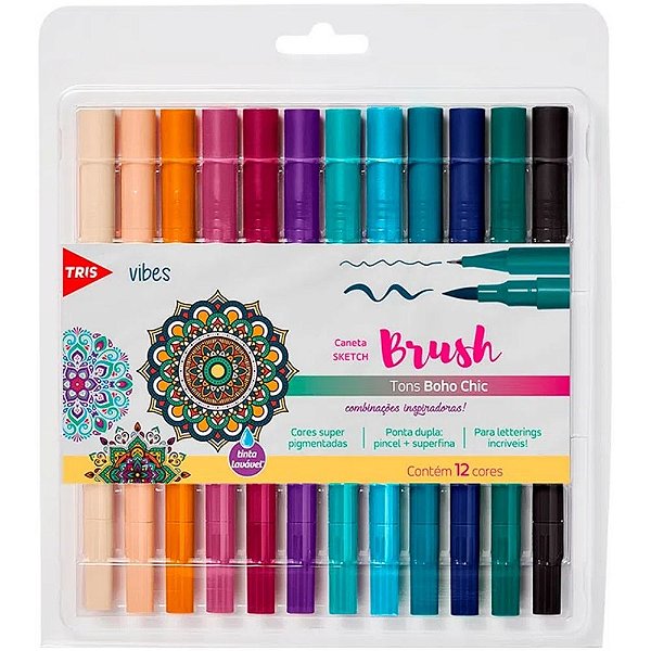 Canetinha Brush Pen Tons Boho Chic Com 12 Cores - Tris