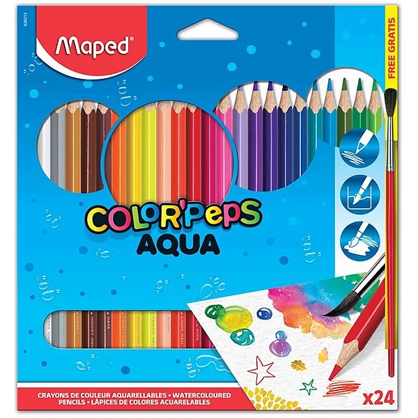 Lápis de Cor Color Peps Aquarelável 24 Cores + Pincel de Madeira - Maped