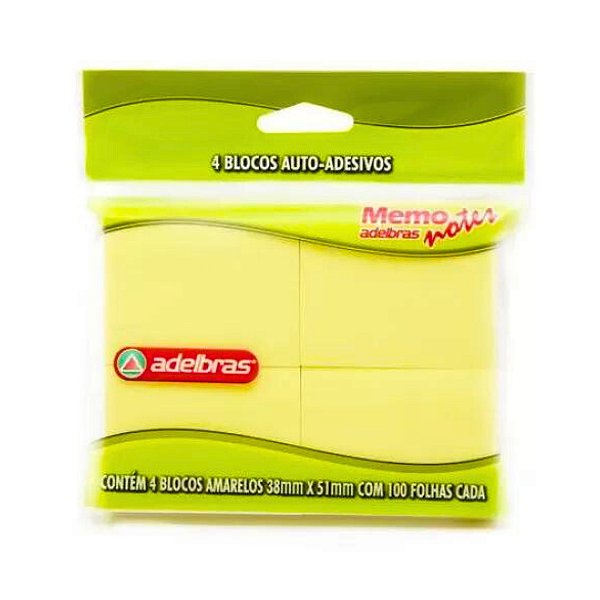 Bloco Adesivo Amarelo com 4 Unidades de 100folhas - Adelbras
