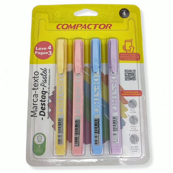 CANETA COMPACTOR MARCA TEXTO DESTAQ COM 4 UNIDADES PASTEL 002717660 26531-P