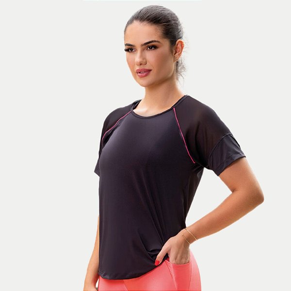 BLUSA MAR E FLOR MC FITNESS POLIAMIDA COM TULE FEMININA