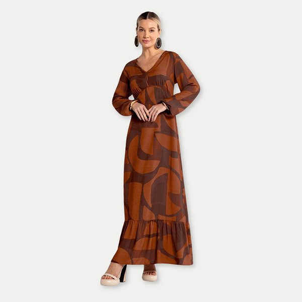 VESTIDO LUNENDER MANGA LONGA VISCOSE ESTAMPADO LONGO FEMININO ADULTO