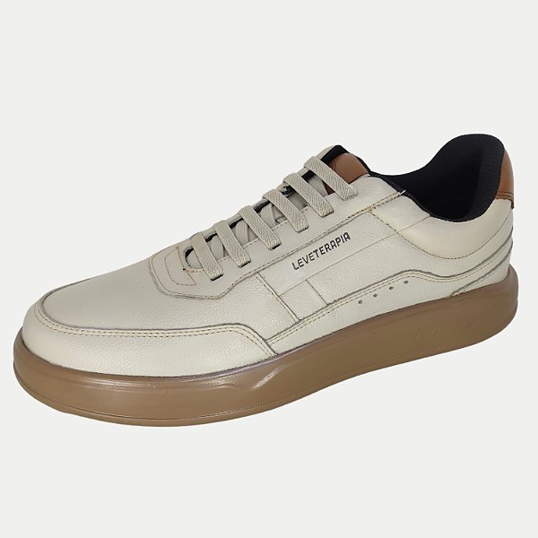 TÊNIS LEVETERAPIA CASUAL COURO COM CADARÇO BEGE MASCULINO