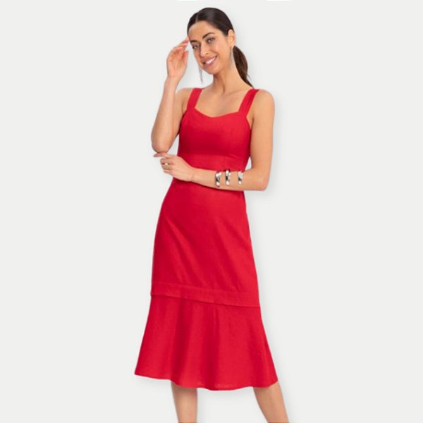 VESTIDO LUNENDER REGATA LINHO MIDI VERMELHO FEMININO ADULTO