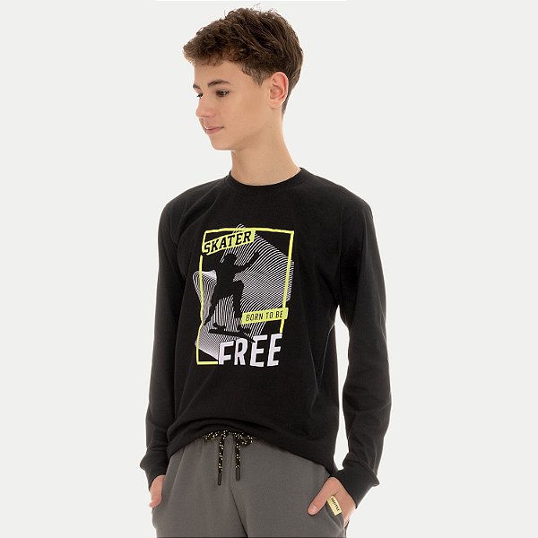 CAMISETA BY GUS ML COMFORT ALGODÃO SILKADA PRETA MASCULINA INFANTIL
