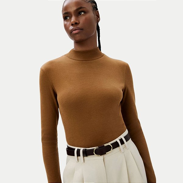 BLUSA HERING ML GOLA ALTA MALHA CANELADA CARAMELO FEMININA ADULTO