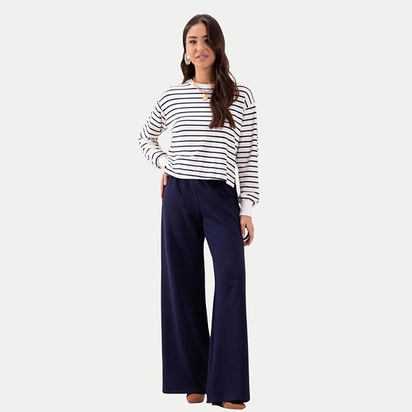 CONJ. VERÃO LUNENDER CALÇA E BLUSA ML MALHA AZUL MARINHO FEMININO