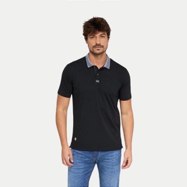 POLO SALLO MANGA CURTA PRETA SLIM MISTA COM VIVO MASCULINO ADULTO