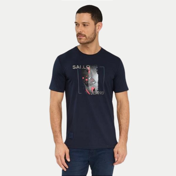 CAMISETA SALLO MANGA CURTA AZUL MARINHO SLIM MISTA SILKADA MASCULINA ADULTO