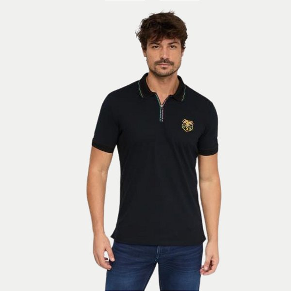 POLO SALLO MANGA CURTA PRETA SLIM MISTA COM VIVO MASCULINO ADULTO