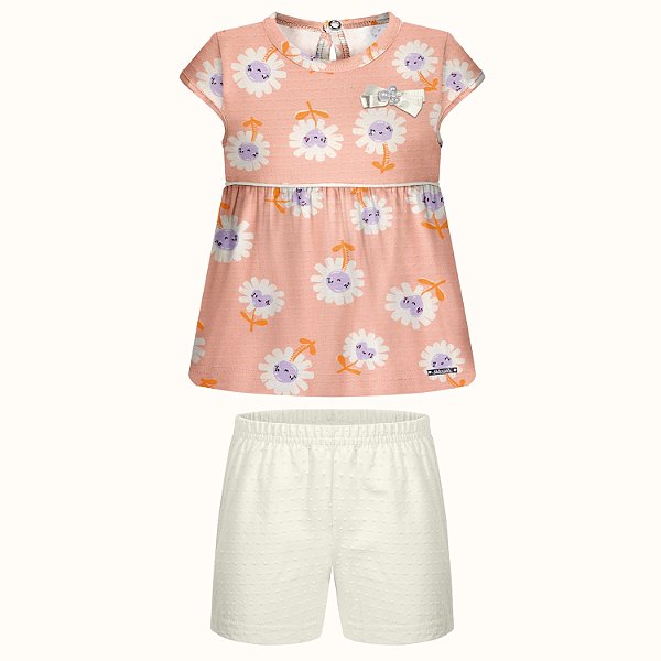 CONJUNTO DE VERÃO ALAKAZOO SHORT COM BLUSA MANGA CURTA MALHA FEMININO INFANTIL
