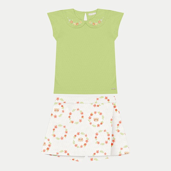 CONJUNTO DE VERÃO ALAKAZOO SHORT SAIA COM BLUSA MANGA CURTA MALHA FEMININO INFANTIL