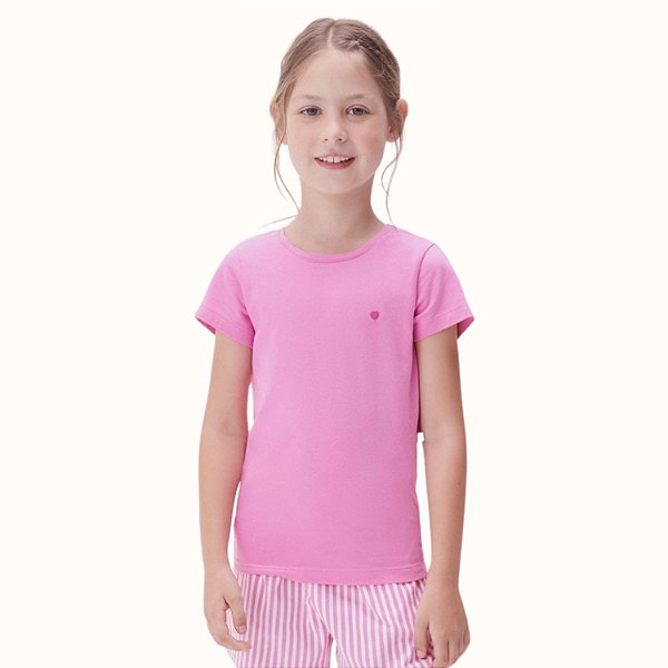 BLUSA HERINGKIDS MANGA CURTA TSHIRT ROSA ALGODÃO LISA FEMININA INFANTIL