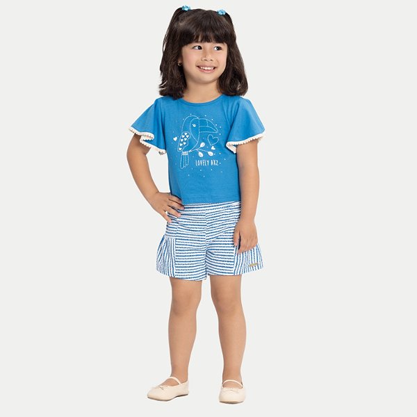 CONJUNTO VERÃO ALAKAZOO SHORT E BLUSA MANGA CURTA MALHA FEMININO INFANTIL