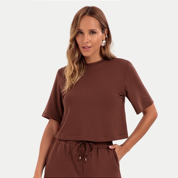BLUSA LUNENDER MANGA CURTA MALHA MARROM FEMININA ADULTO
