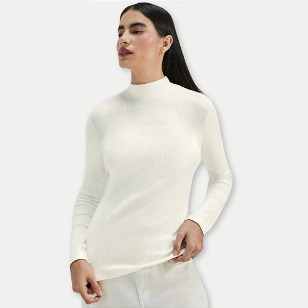 BLUSA HERING MANGA LONGA GOLA ALTA MALHA CANELADA BRANCA FEMININA ADULTO