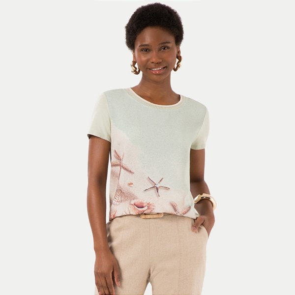 BLUSA LUNENDER MANGA CURTA MISTA ESTAMPADA VERDE FEMININA ADULTO