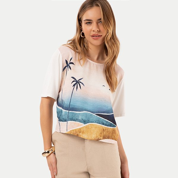 BLUSA LUNENDER MANGA CURTA MISTA ESTAMPADA OFFWHITE FEMININA ADULTO