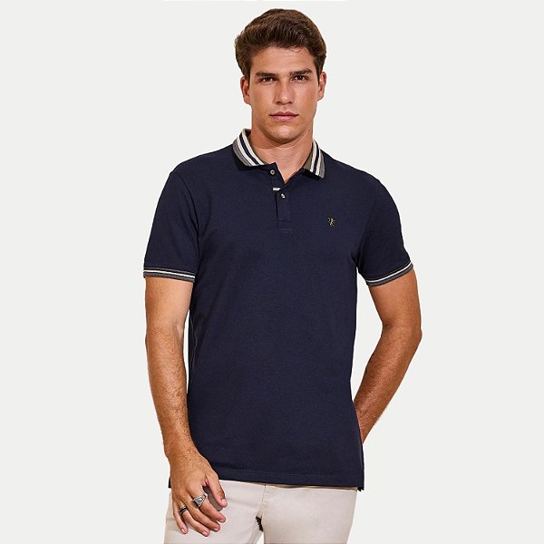 POLO PACO MANGA CURTA SLIM PIQUET COM VIVO AZUL MARINHO MASCULINO ADULTO
